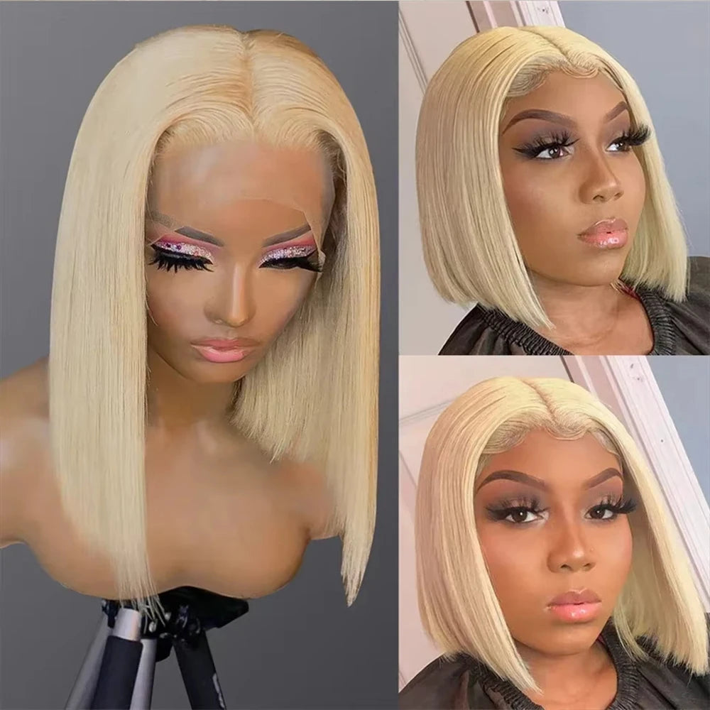 13x4 Blonde HD Transparent Lace Front Wig – 613 Short Straight Bob Human Hair Wig for Women