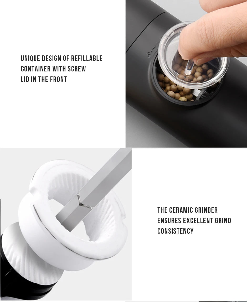 Electric Automatic Salt & Pepper Grinder Set with Base – Battery Powered, LED Light & Adjustable Coarseness
