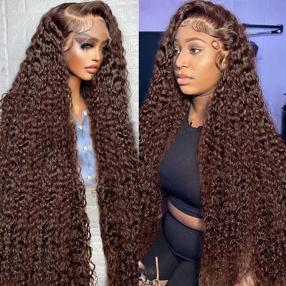 Deep Curly Chocolate Brown HD Lace Frontal Wig – 13x4 / 13x6 Virgin Brazilian Human Hair (30–36 Inch)