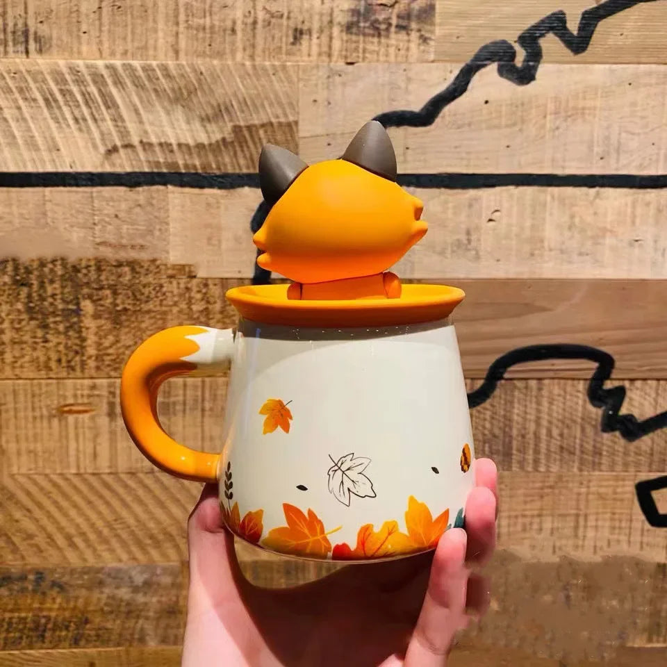 Autumn Forest Animal Ceramic Mug with Lid – Cute Fox, Rabbit & Squirrel Cup