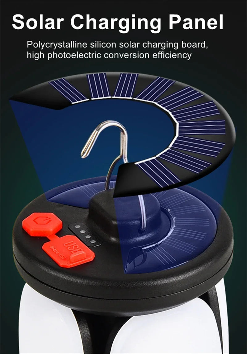 Rechargeable LED Camping Lantern with Solar & USB Power | Portable Folding Tent Light for Hiking, Fishing & Outdoor Use