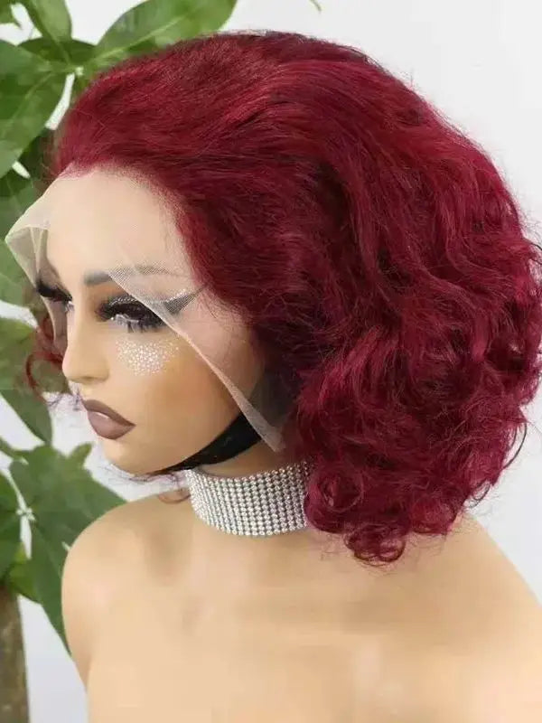 Brazilian 230% 99J Bouncy Curly Bob 13x4 HD Lace99J Burgundy Curly Bob 13x4 HD Lace Front Human Hair Wig (230% Density) Front Human Hair Wigs 99J Burgundy Body Wave Bob Wig Short Curly Human Hair Wig