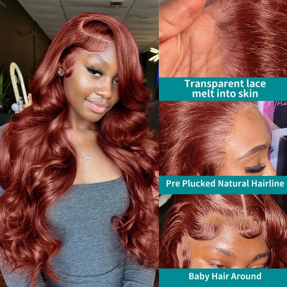 13x4 Reddish Brown Body Wave HD Transparent Lace Front Human Hair Wig #33