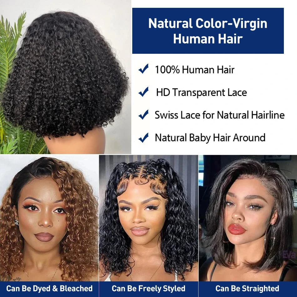 1B Natural Jerry Curly Bob 13x4 HD Lace Front Wig (Virgin Human Hair, 250% Density, 4–16")