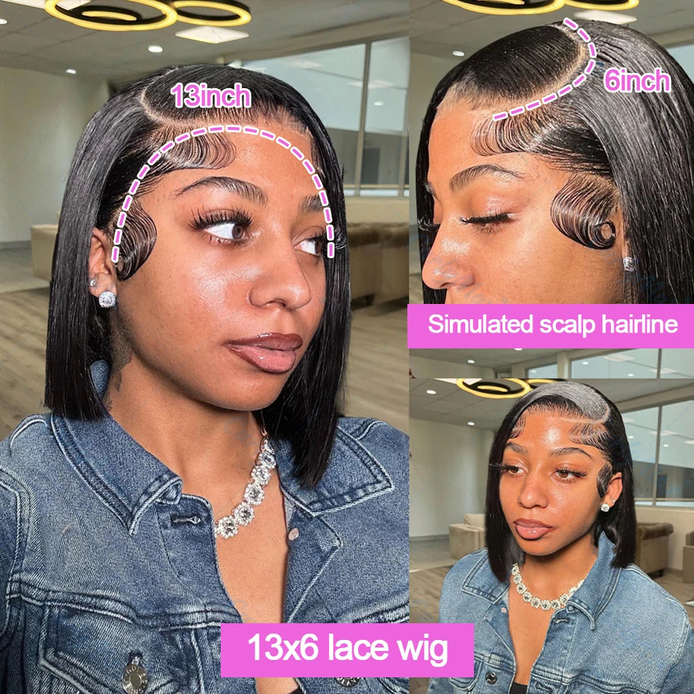 Glueless 13×6 HD Lace Front Short Bob Wig – 100% Human Hair, Pre-Plucked Hairline, Wear & Go Straight Bob