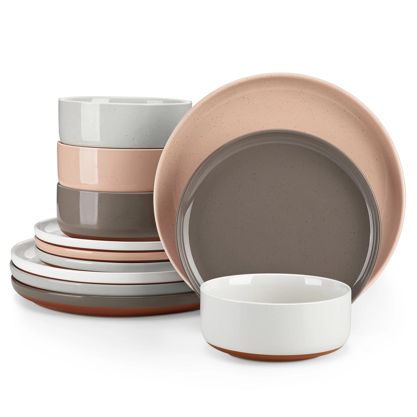 MALACASA TARA 12/24-Piece Stoneware Dinnerware Set – Curved Edge Sesame Glaze Plates & Bowls for 4/6 Person Dining