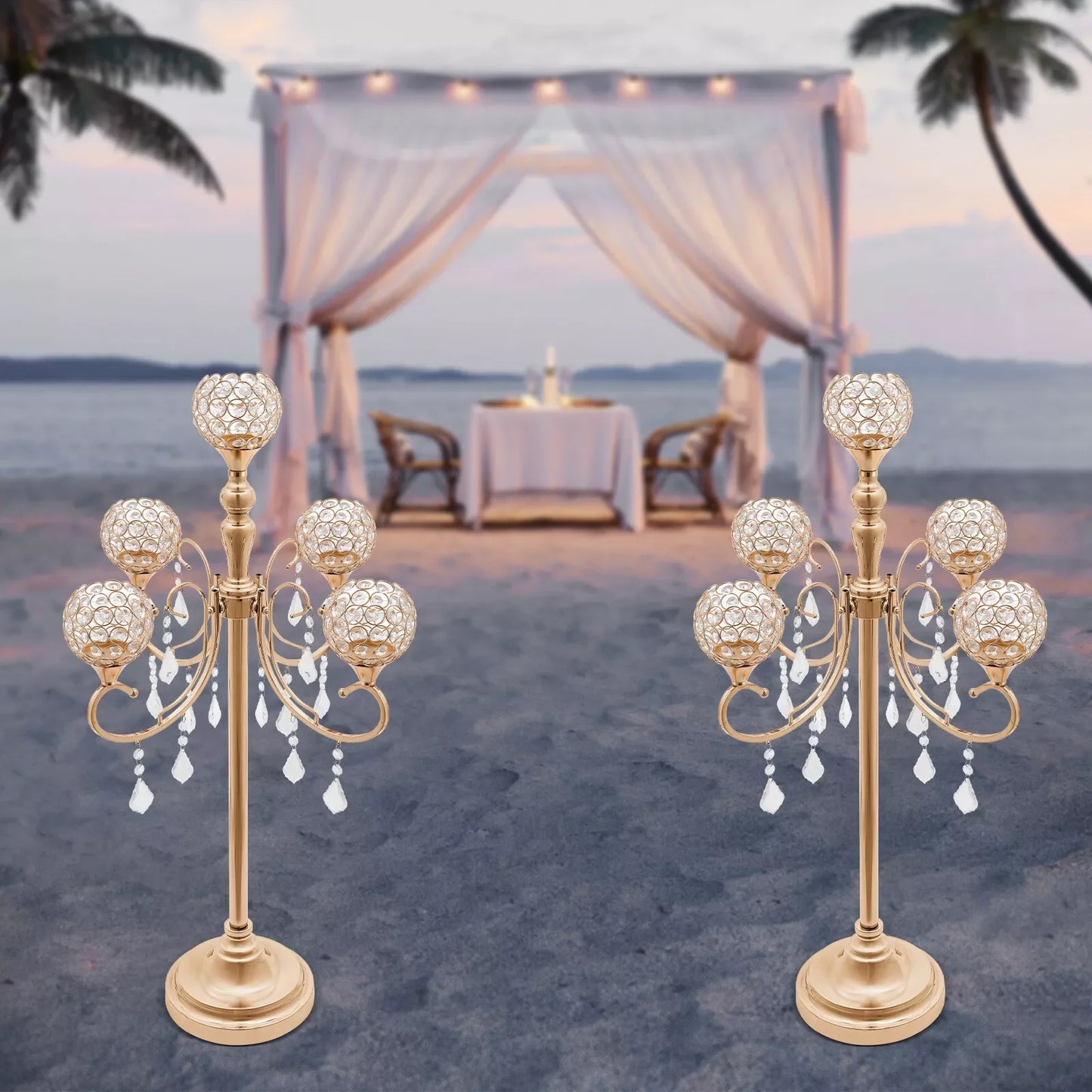 2PCS 5-Arm Crystal Candelabra Candle Holders – Gold Table Centerpieces for Weddings & Events
