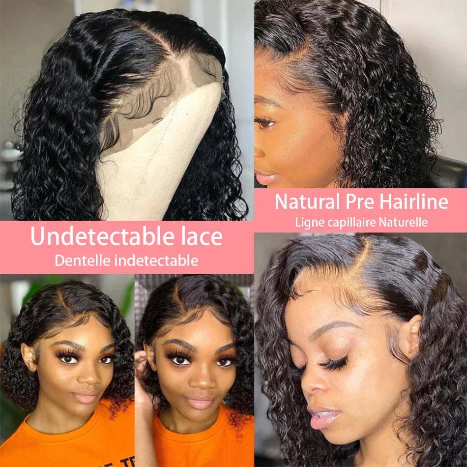 200 Density Short Curly Bob Deep Water Wave Wigs 100% Human Hair 13x4 Transparent Lace Frontal Wig 4x4 Lace Front Wig 14 16 Inch
