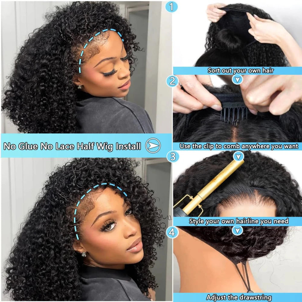 Kinky Curly Half Wig 200% Density Human Hair Clip-In Glueless Wig