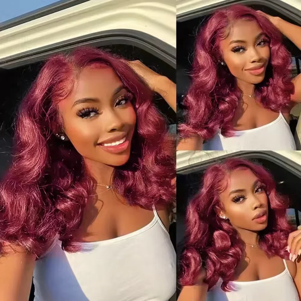 Brazilian 230% 99J Bouncy Curly Bob 13x4 HD Lace99J Burgundy Curly Bob 13x4 HD Lace Front Human Hair Wig (230% Density) Front Human Hair Wigs 99J Burgundy Body Wave Bob Wig Short Curly Human Hair Wig