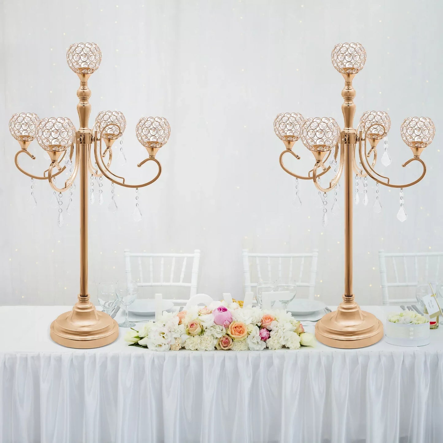 2PCS 5-Arm Crystal Candelabra Candle Holders – Gold Table Centerpieces for Weddings & Events