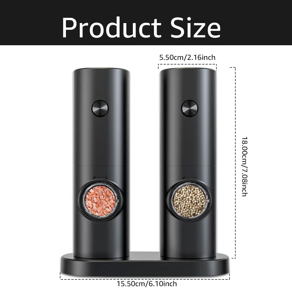 Electric Automatic Salt & Pepper Grinder Set with Base – Battery Powered, LED Light & Adjustable Coarseness