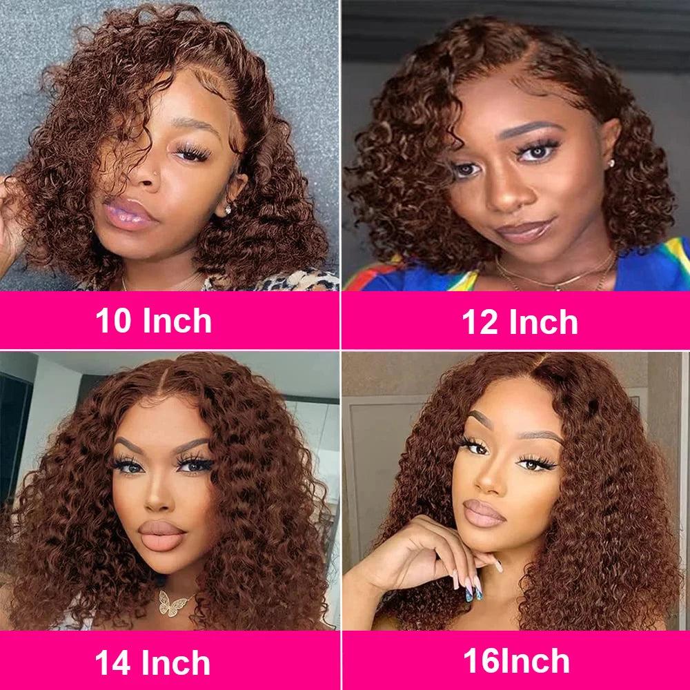Happy Monday #4 Chocolate Brown Kinky Curly Bob Wig – 13x4 HD Transparent Lace Front, Deep Wave Remy Human Hair (Pre-plucked)