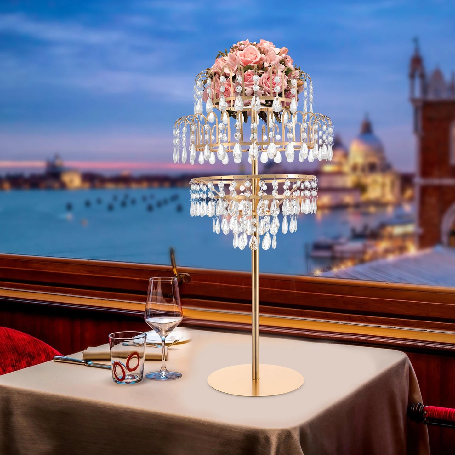 5-Tier Crystal Fountain Flower Stand – Silver & Gold Freestanding Centerpiece for Wedding, Party & Home Décor