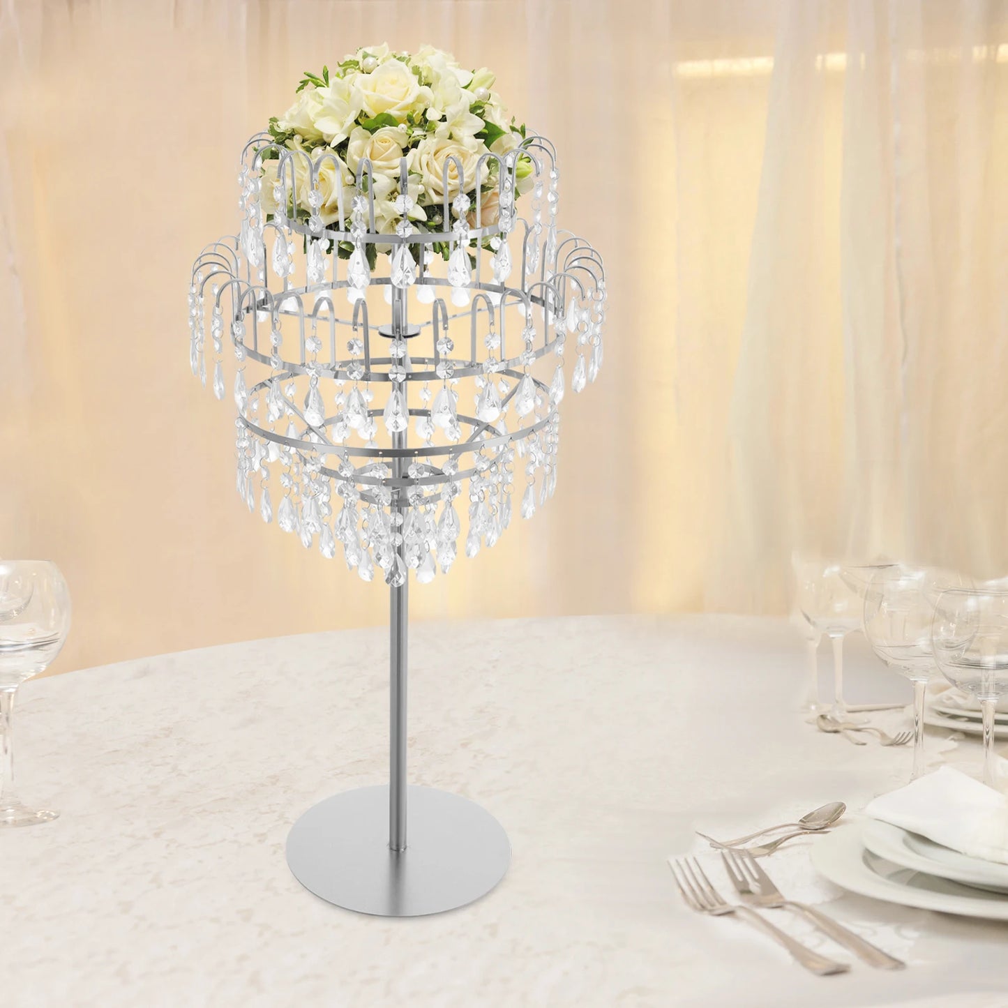 5-Tier Crystal Fountain Flower Stand – Silver & Gold Freestanding Centerpiece for Wedding, Party & Home Décor