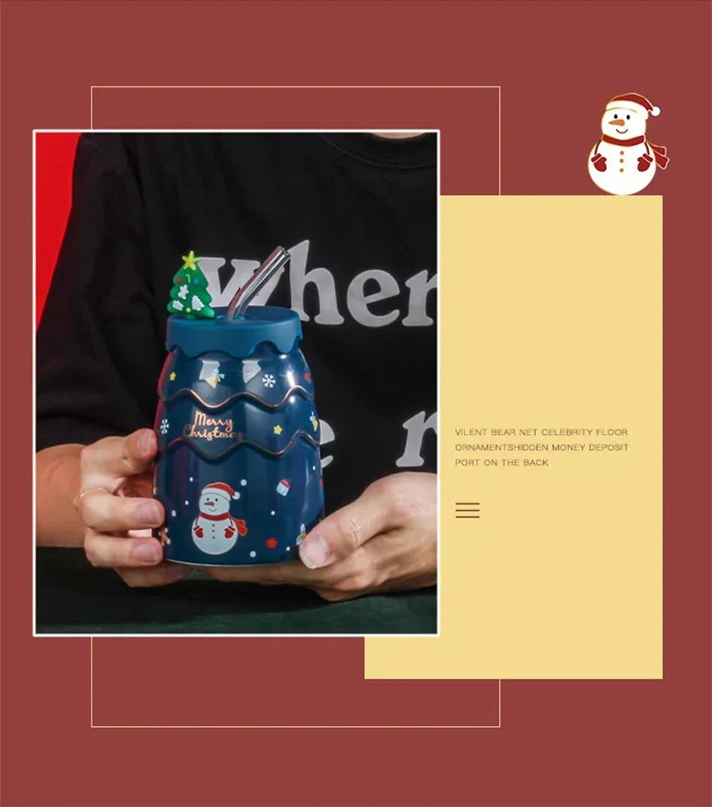 🎅 Christmas Ceramic Mug with Lid & Straw – Santa, Snowman & Tree Design Gift Cup