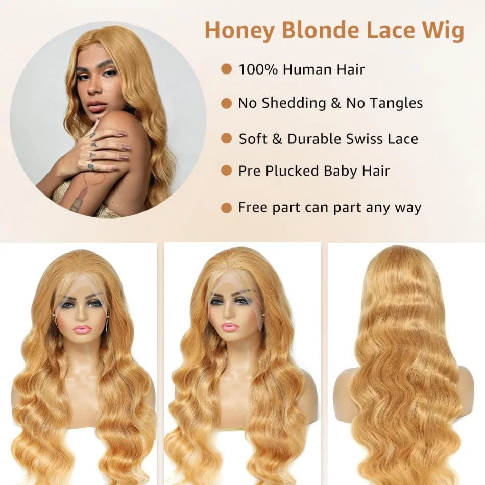 Honey Blonde 13x6 HD Lace Front Human Hair Wig – 250% Density Body Wave Brazilian Remy