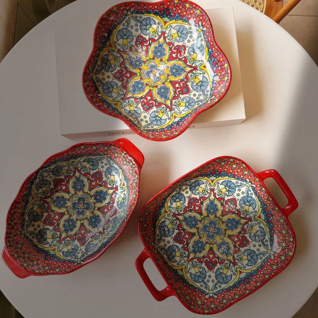 Bohemian Ceramic Plate Set – Double-Eared Fish Plates & High-Value Salad Dish for Home Dining and Cooking