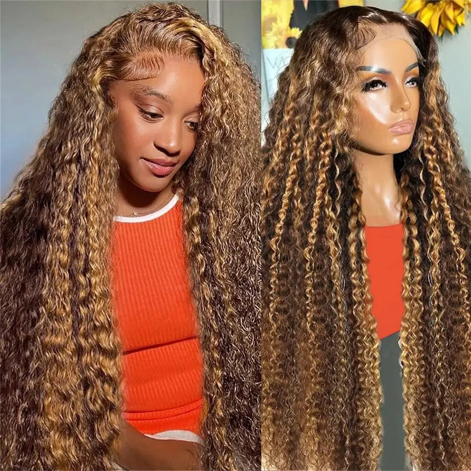 Honey Blonde Highlight Kinky Curly HD Lace Front Human Hair Wig (13x6, 30")