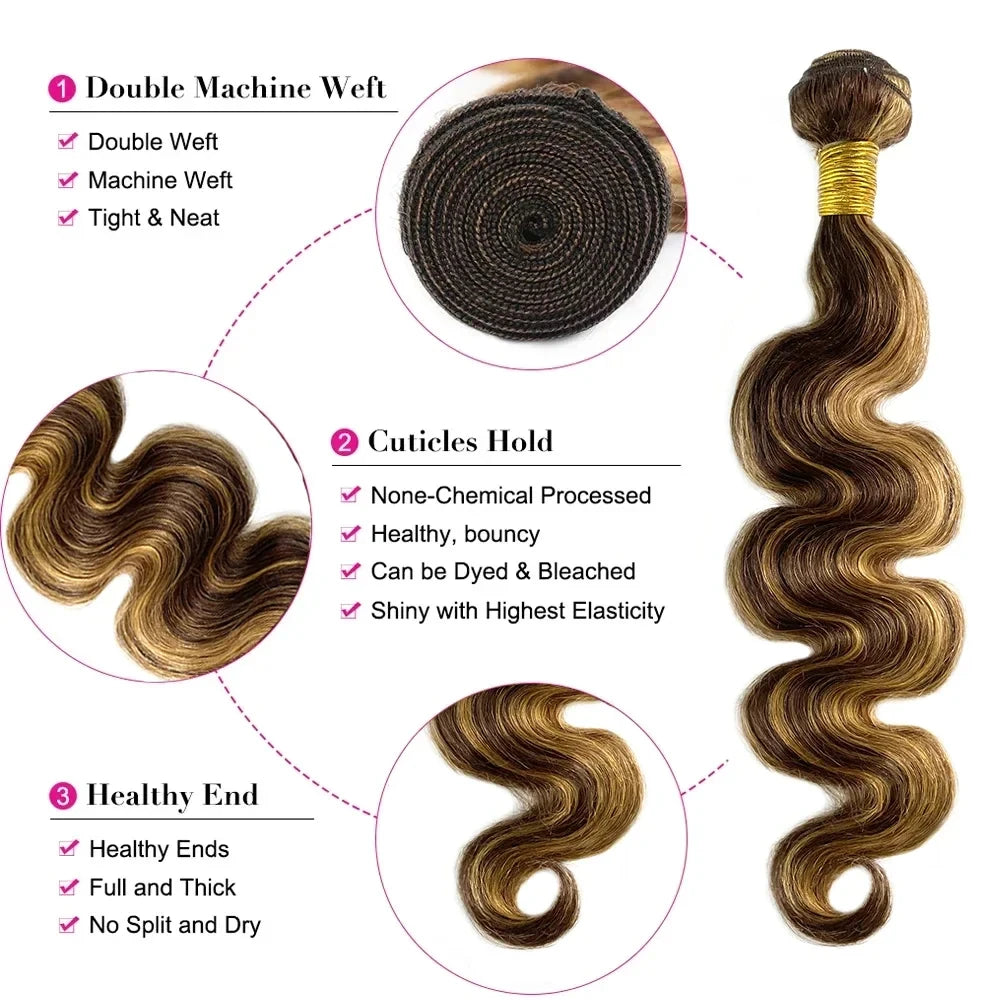 16A Brazilian Highlight Ombre Body Wave Virgin Hair Bundles (Unprocessed, Double Weft, Weave Extensions)