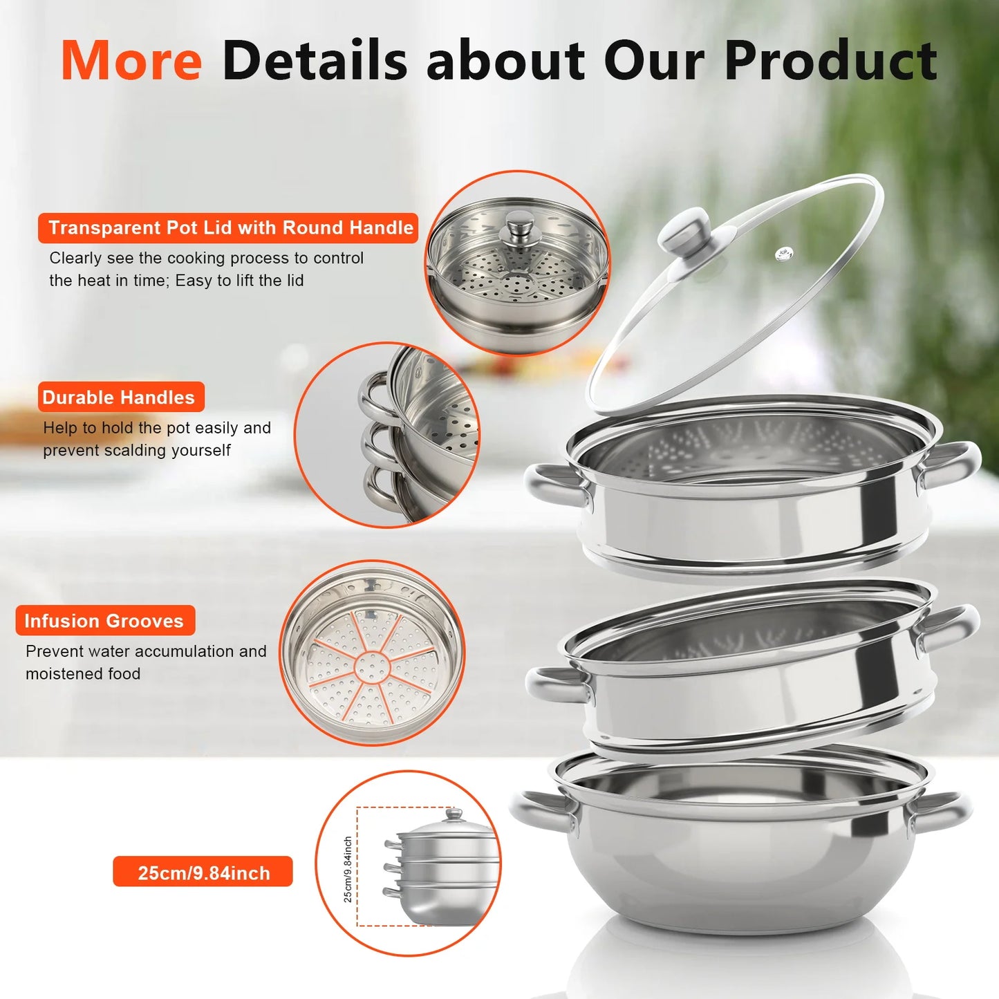 28CM 3-Tier Stainless Steel Food Steamer – Multi-Function Cooking Pot for Kitchen