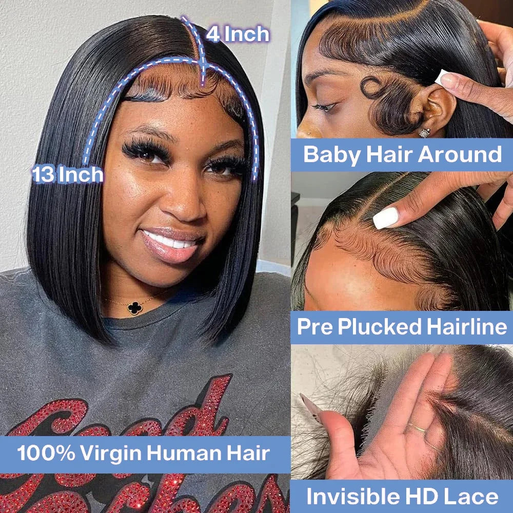 14 & 16 Inch HD Transparent Bone Straight Bob Lace Wig – 4x4 / 5x5 / 13x4, 250% Density, Natural Black