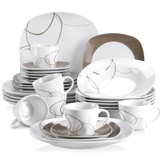 VEWEET 30-Piece Porcelain Dinnerware Set | 6-Person Tableware with Plates, Cups & Saucers – Modern Ceramic Design
