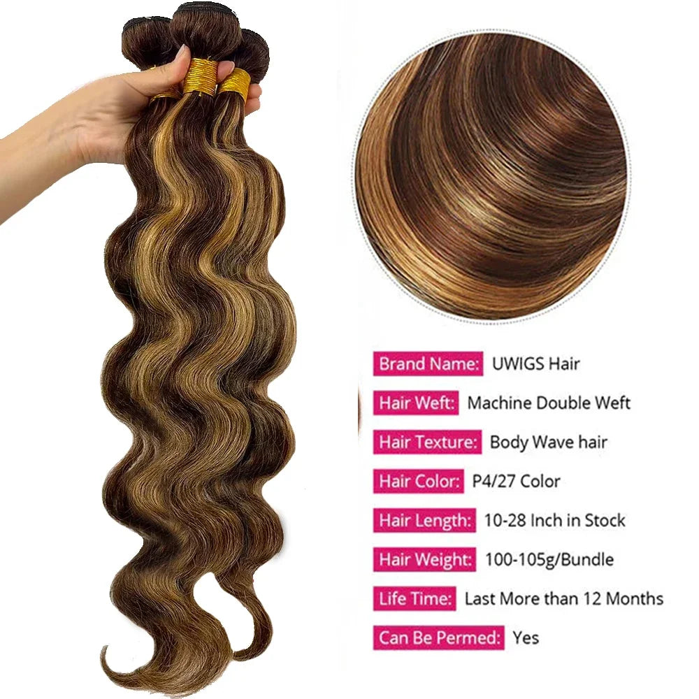 16A Brazilian Highlight Ombre Body Wave Virgin Hair Bundles (Unprocessed, Double Weft, Weave Extensions)