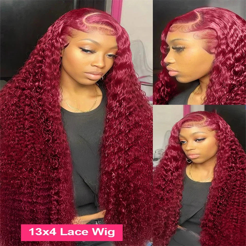 99J Burgundy Deep Wave Lace Frontal Human Hair Wig – 30 Inch HD Transparent Lace