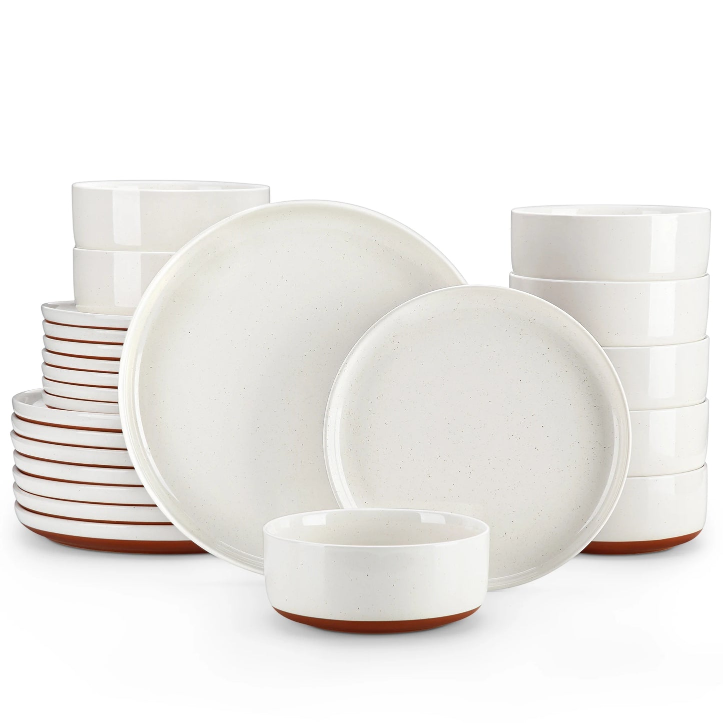 MALACASA TARA 12/24-Piece Stoneware Dinnerware Set – Curved Edge Sesame Glaze Plates & Bowls for 4/6 Person Dining