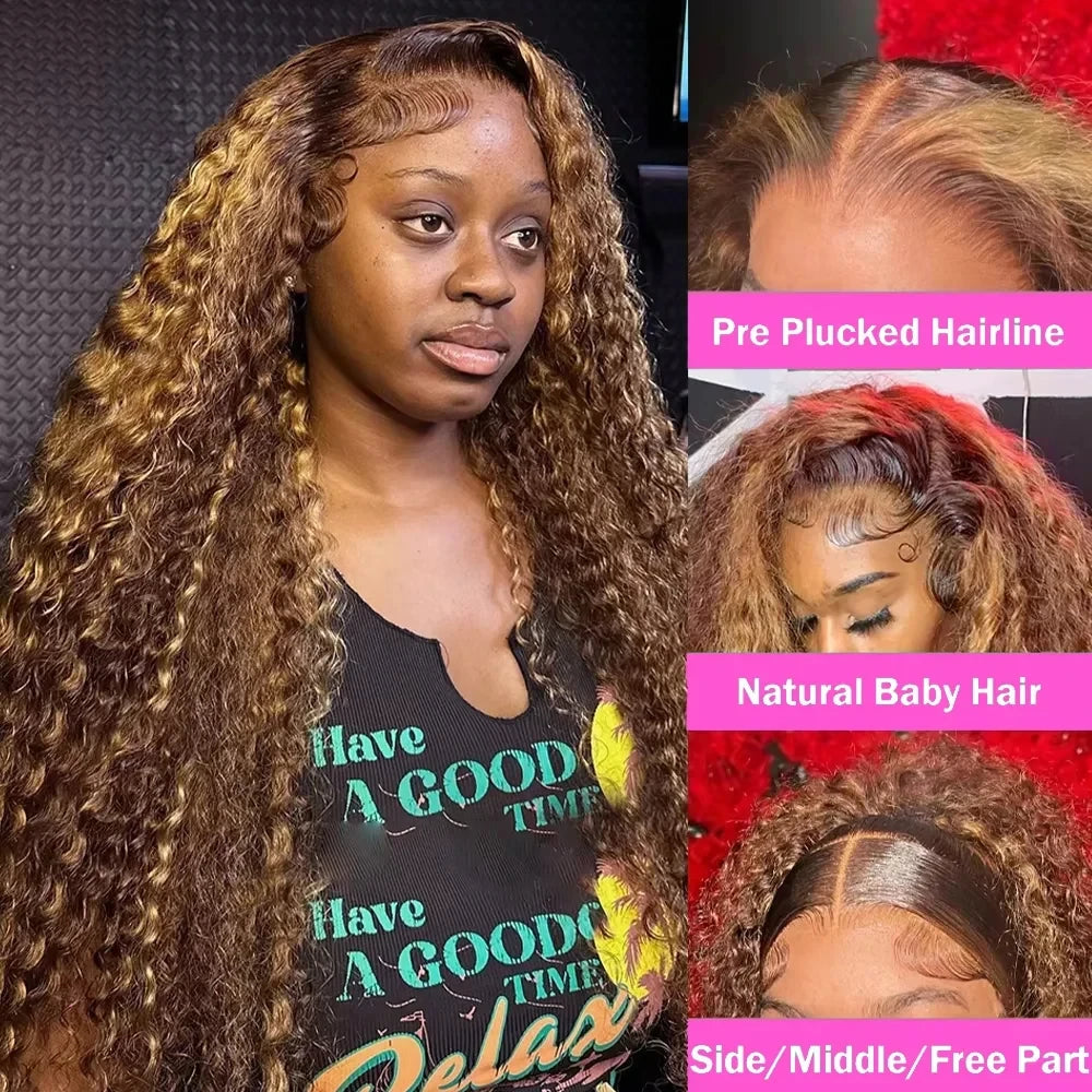 4/27 Honey Blonde Ombre Curly Human Hair Wig (38 Inch, 13x6 HD Lace Front / 13x4 Deep Wave)