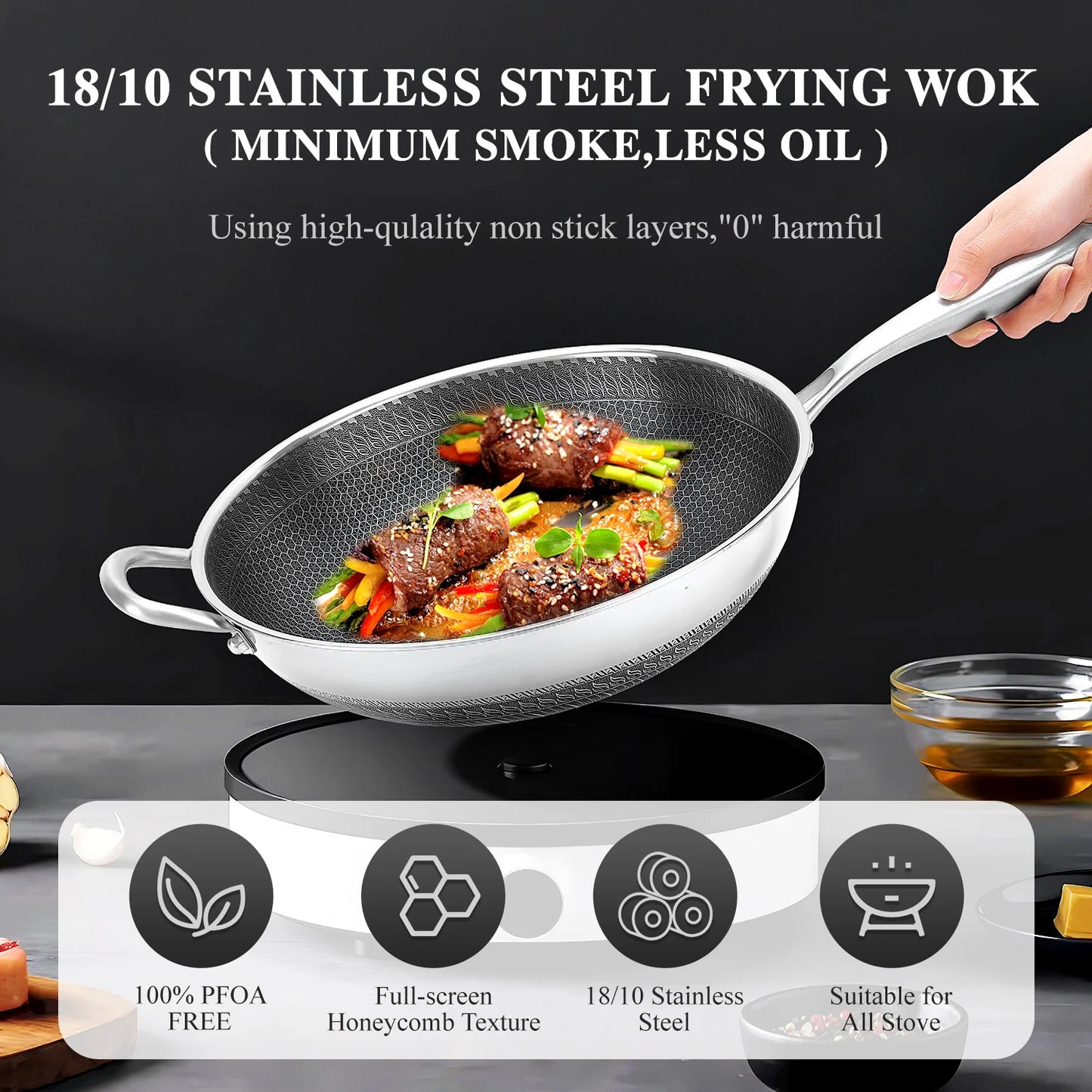 13-Inch Hybrid Stainless Steel Wok with Lid – PFOA-Free Nonstick Cookware