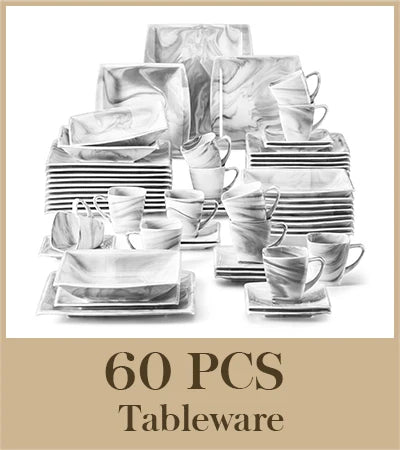 MALACASA 30/60-Piece Marble Grey Porcelain Dinnerware Set | Modern Tableware for 6–12 Persons with Plates, Cups & Saucers