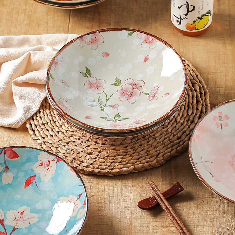 Japanese Floral Ceramic Plates – Handcrafted Round Deep Dinner Dishes for Home, Café & Restaurant Use