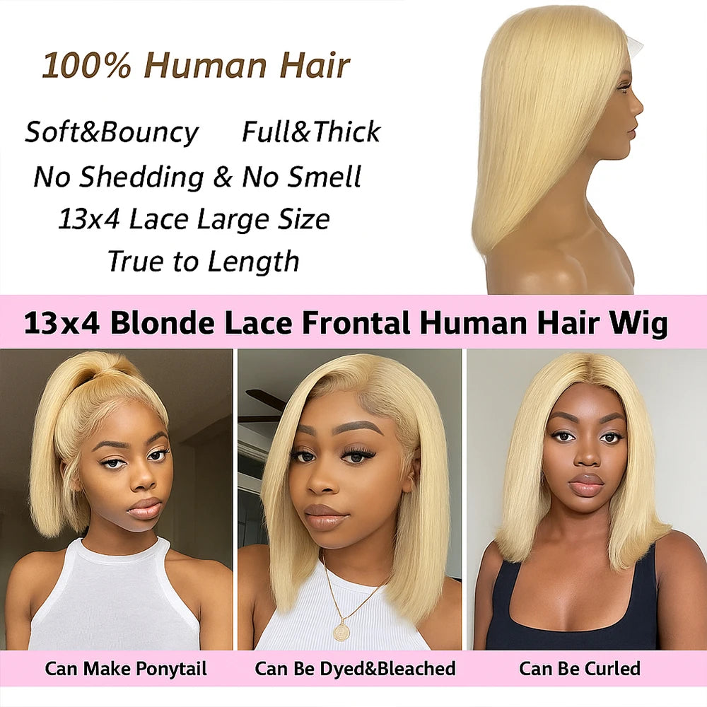 13x4 Blonde HD Transparent Lace Front Wig – 613 Short Straight Bob Human Hair Wig for Women
