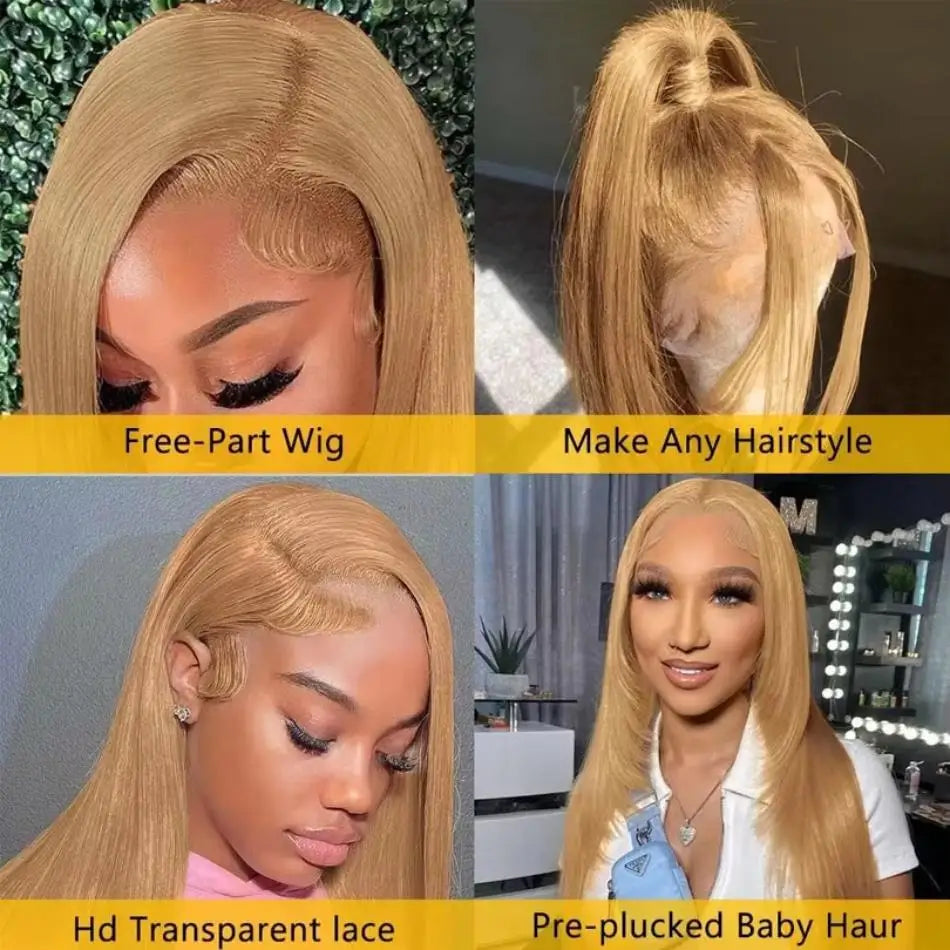 #27 Honey Blonde Straight HD Lace Front Human Hair Wig | Transparent Lace 13x6 / 13x4 Pre-Plucked (30–34 Inch)