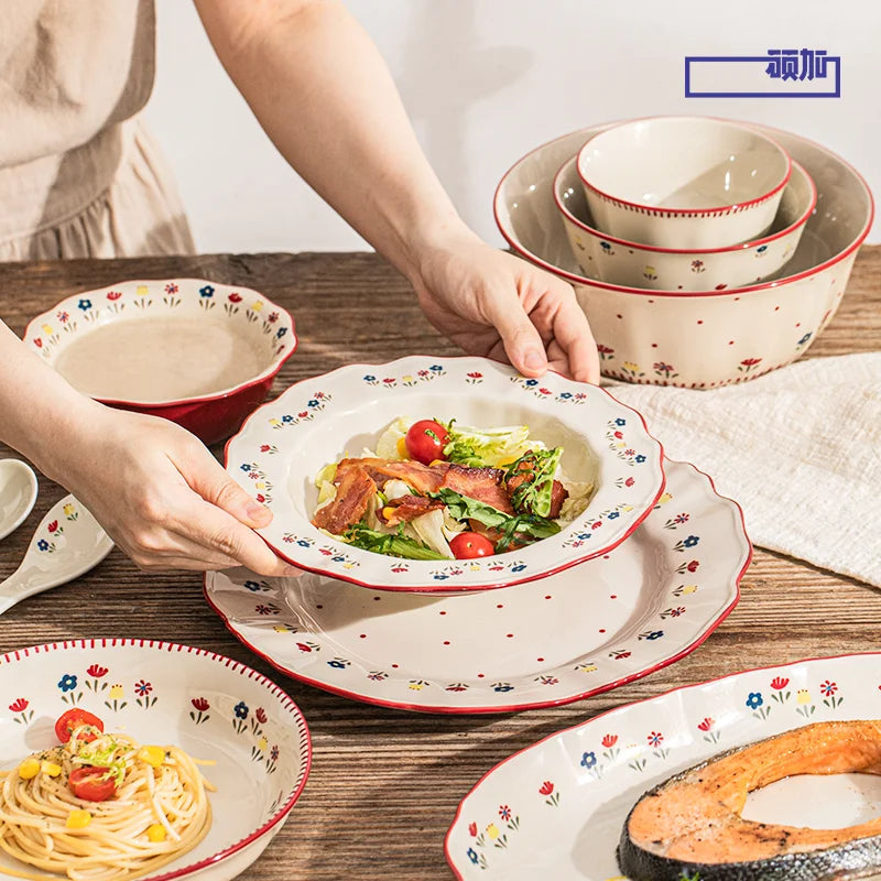 Vintage Floral Ceramic Dinnerware Set – Retro Soup Bowls, Salad & Pasta Plates, Microwave Safe Porcelain Tableware