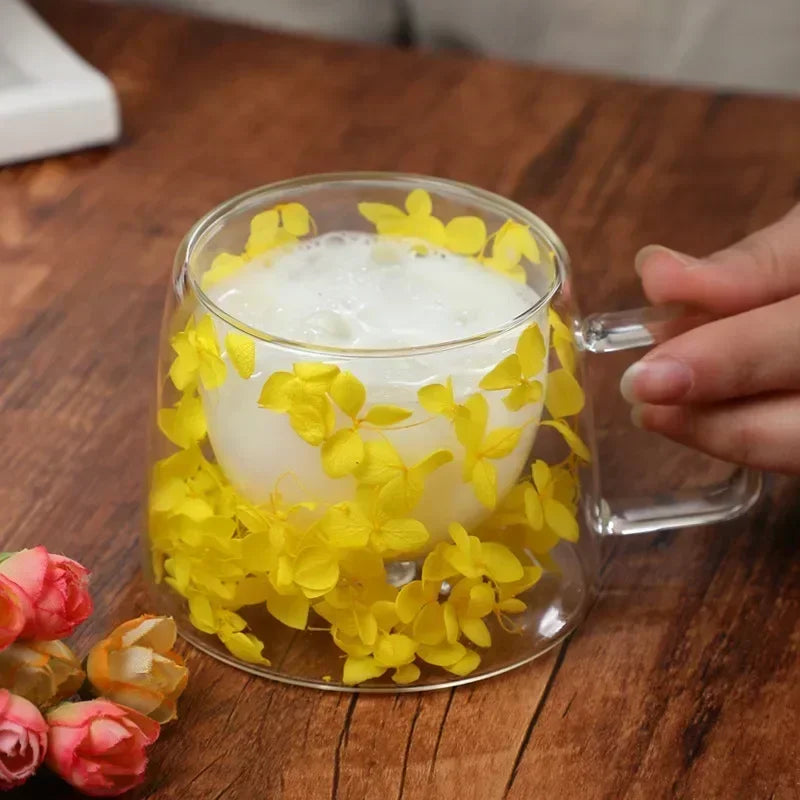 🌸 Double Wall Flower Glass Cup – Handmade Borosilicate Tea Mug 180ml