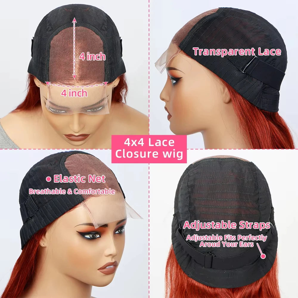 Ginger Orange Body Wave Bob Glueless 4x4 HD Lace Closure Remy Human Hair Wig (#350, Pre-Plucked)