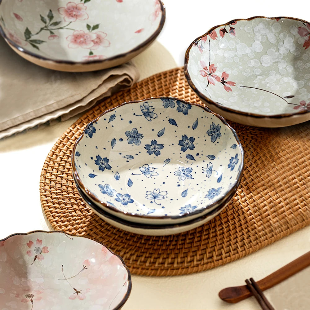 Japanese Floral Ceramic Plates – Handcrafted Round Deep Dinner Dishes for Home, Café & Restaurant Use