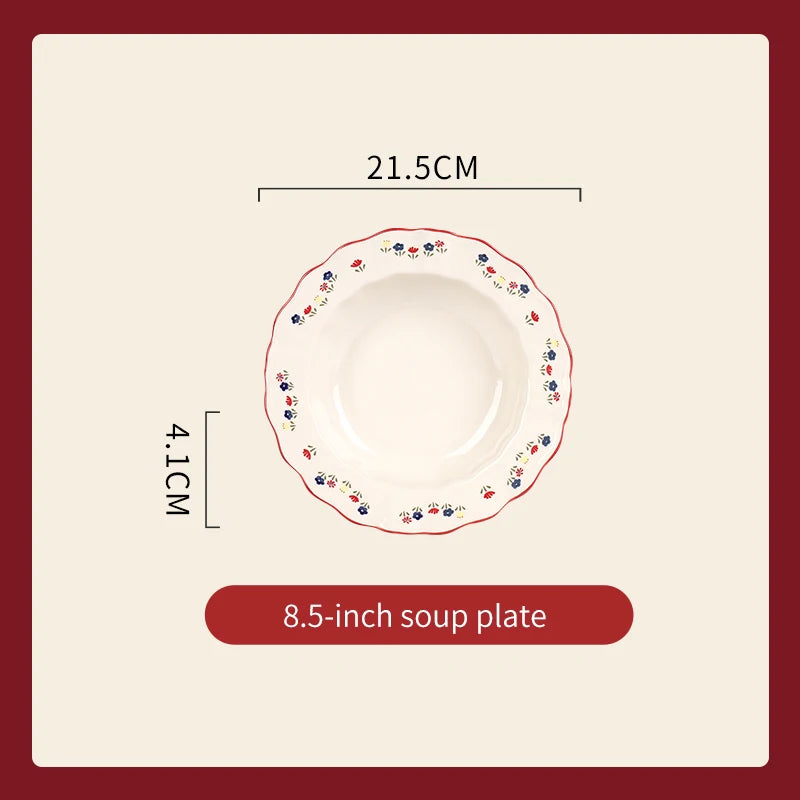 Vintage Floral Ceramic Dinnerware Set – Retro Soup Bowls, Salad & Pasta Plates, Microwave Safe Porcelain Tableware