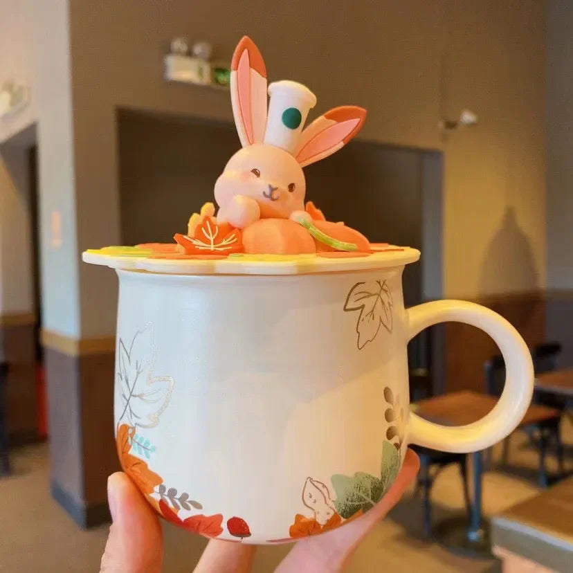 Autumn Forest Animal Ceramic Mug with Lid – Cute Fox, Rabbit & Squirrel Cup