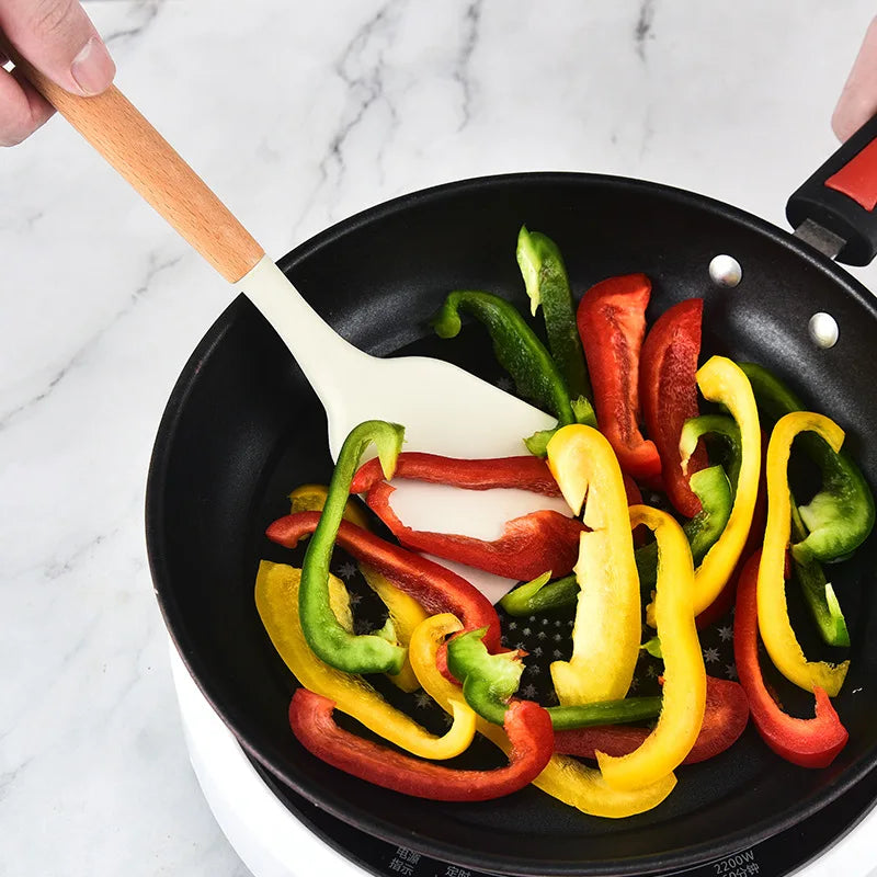Silicone Kitchen Utensil Set with Wooden Handle – Nonstick Cooking Tools
