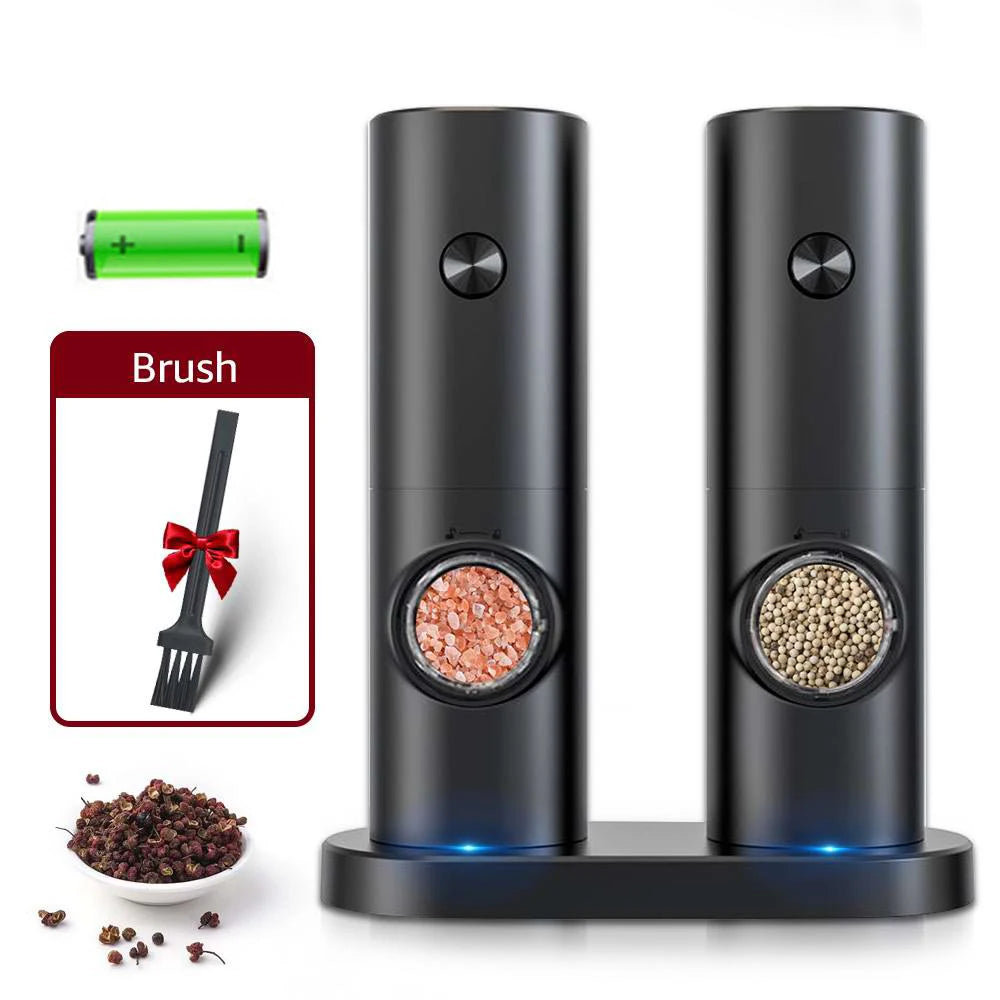 Electric Automatic Salt & Pepper Grinder Set with Base – Battery Powered, LED Light & Adjustable Coarseness
