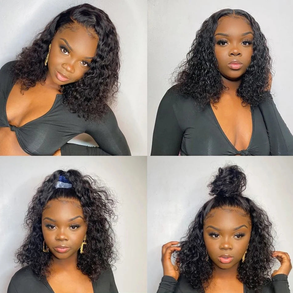 100% Brazilian Curly Lace Front Wig – Glueless Short Bob Deep Water Wave 13×4 HD Lace Frontal Human Hair Wig