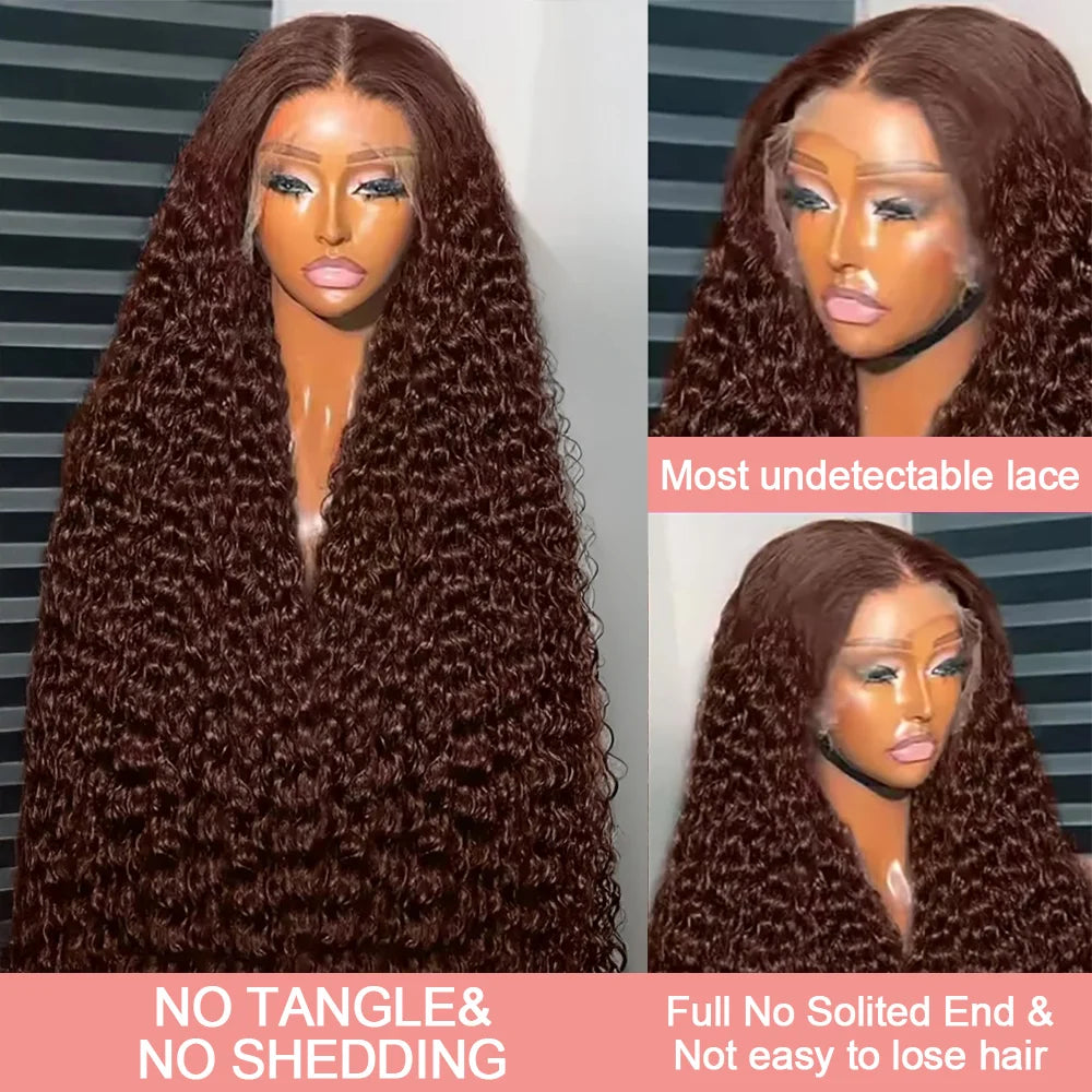Deep Curly Chocolate Brown HD Lace Frontal Wig – 13x4 / 13x6 Virgin Brazilian Human Hair (30–36 Inch)