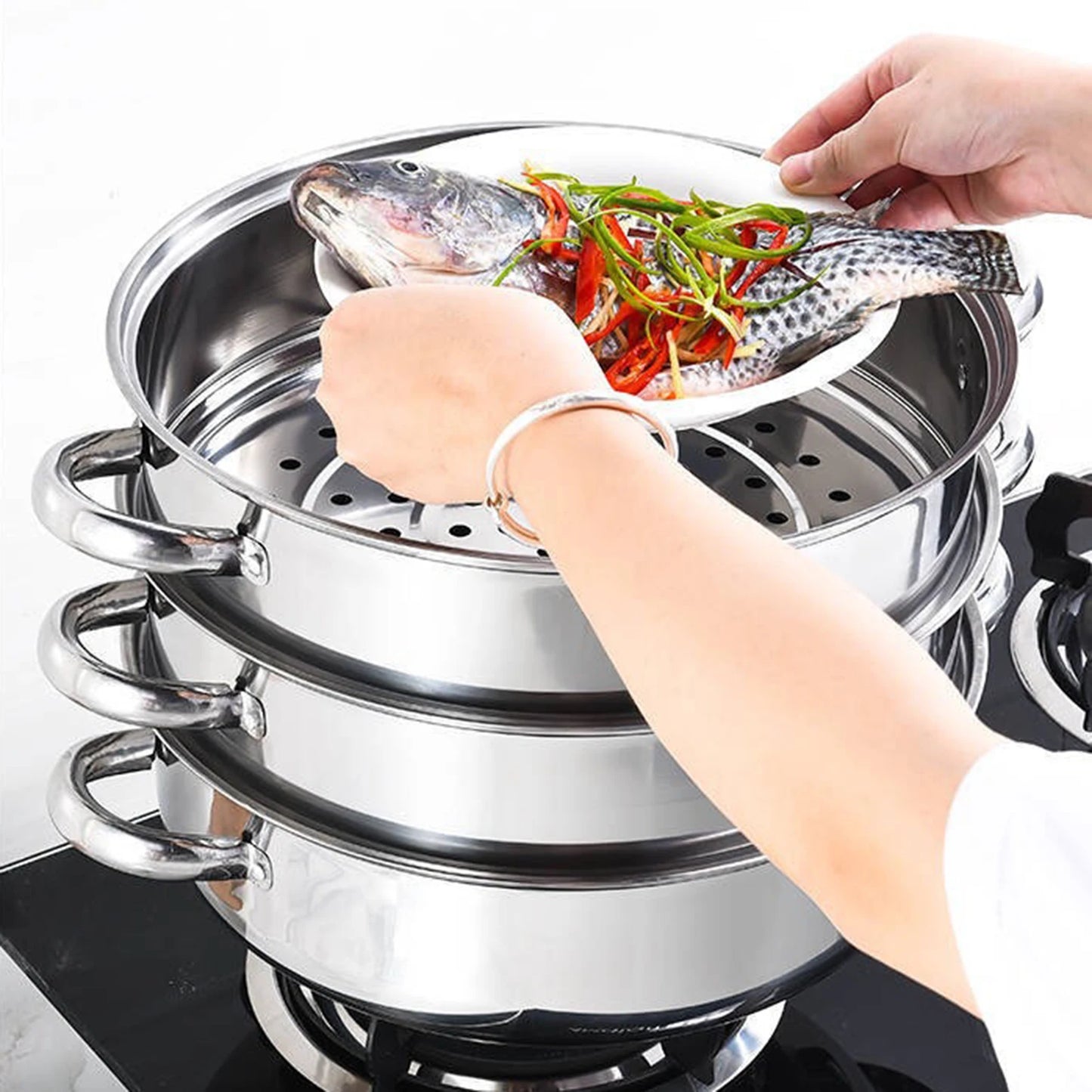 28CM 3-Tier Stainless Steel Food Steamer – Multi-Function Cooking Pot for Kitchen