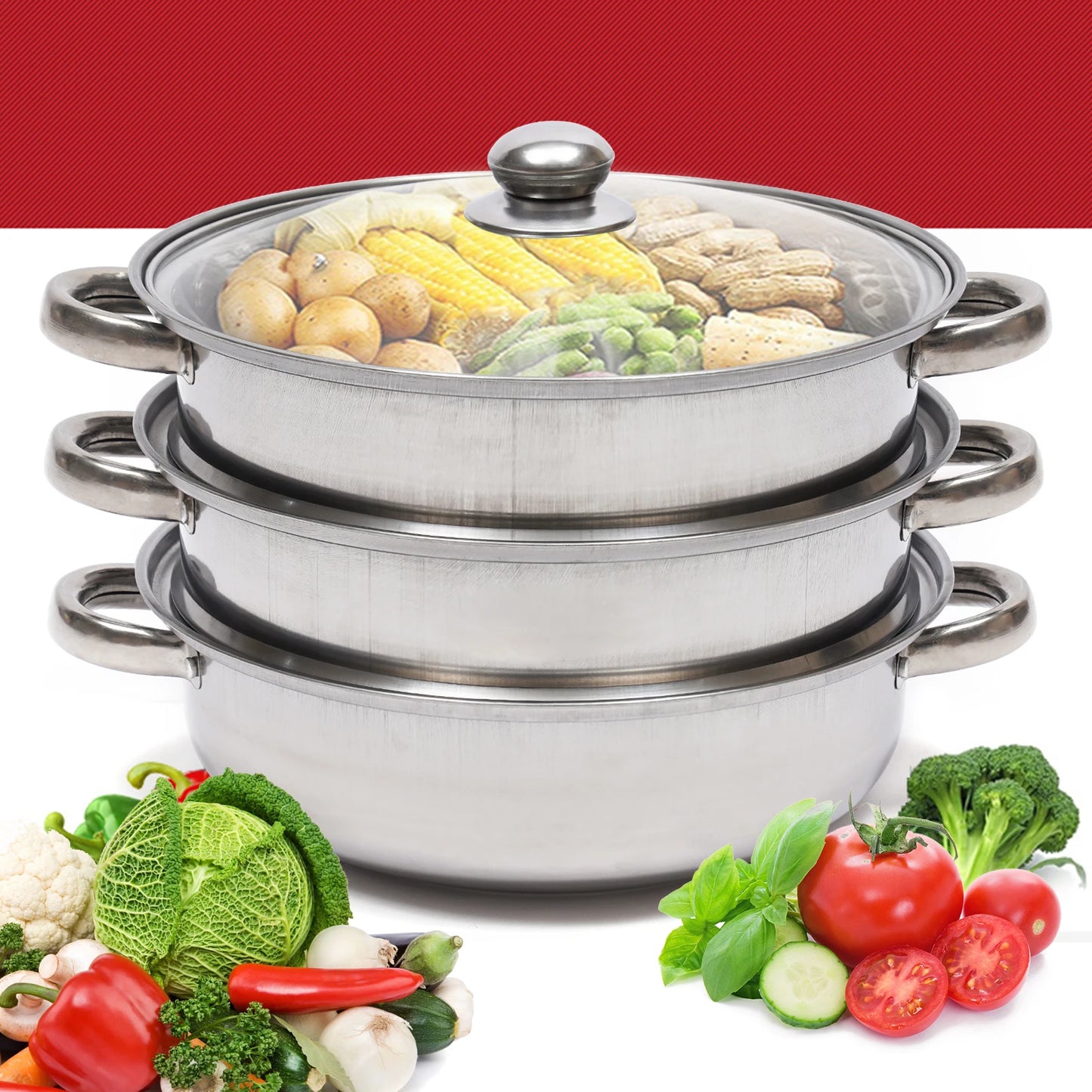 28CM 3-Tier Stainless Steel Food Steamer – Multi-Function Cooking Pot for Kitchen