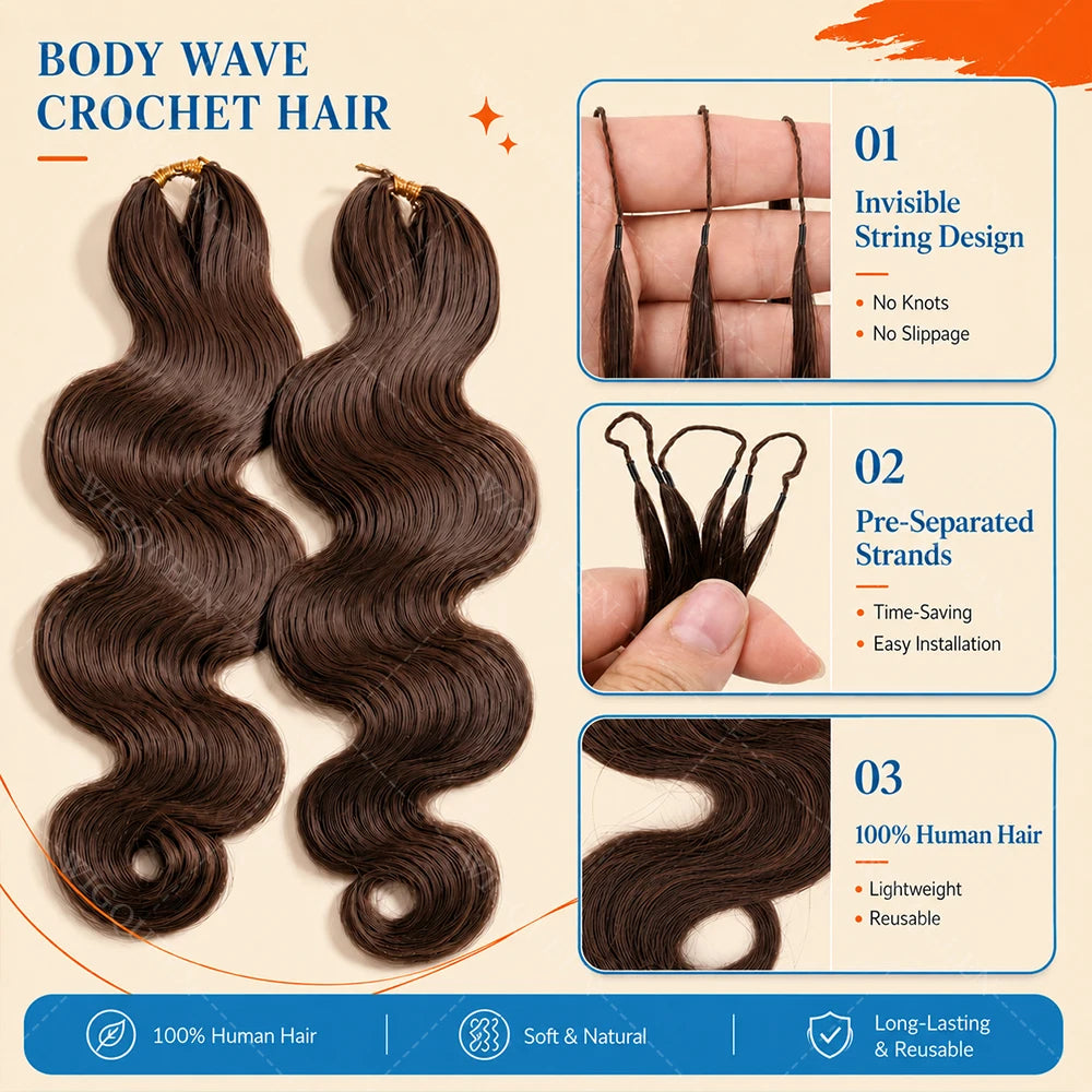 15A Body Wave Crochet Hair Extensions – Remy Human Hair Knotless Pre-Separated Miracle Knot Boho Braids