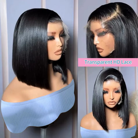 14 & 16 Inch HD Transparent Bone Straight Bob Lace Wig – 4x4 / 5x5 / 13x4, 250% Density, Natural Black